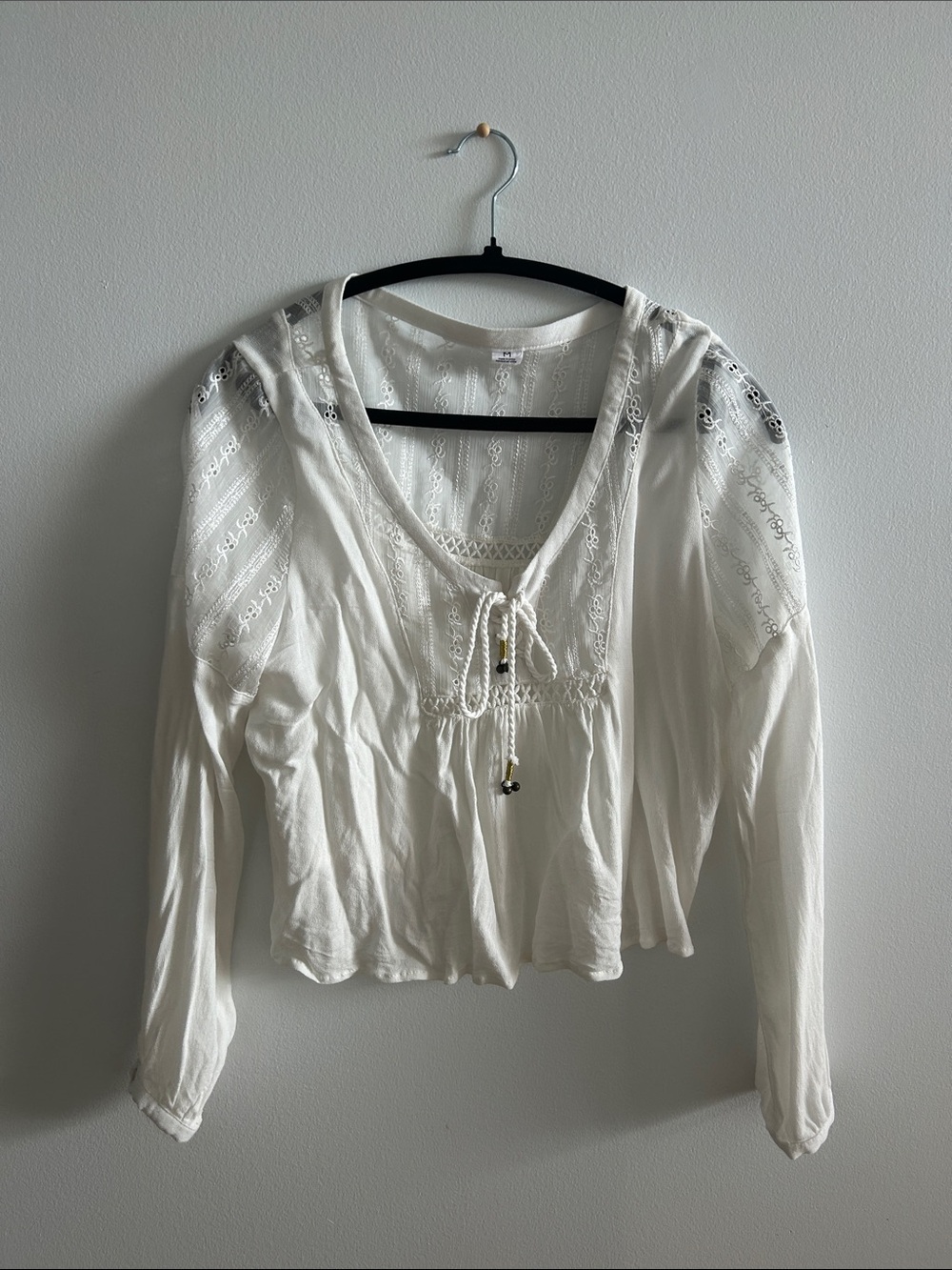 Free People White Lace-Trim Peasant Blouse with Front Tie